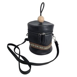 Mod Cylinder Crossbody Bag Women Small Black Faux Leather Boho Embroidered